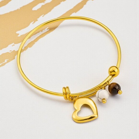 🆕️ 18K Gold Plated LARGE Boho Bangle with Heart Tiger's Eye Magnesite Charms - Picture 10 of 10